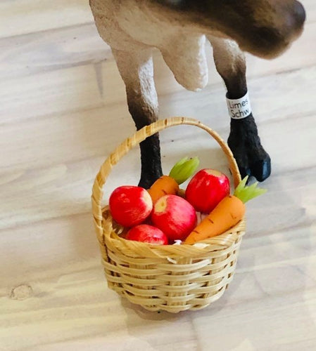 Dollhouse miniature basket of carrots and apples for reindeer