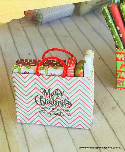 Dollhouse miniature Christmas shopping bag of wrapped gifts