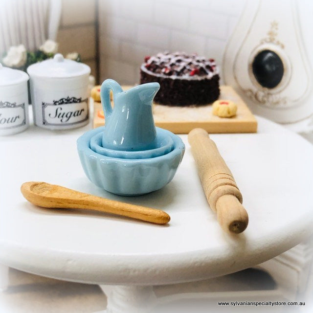 Dollhouse baking day blue ceramic bowl jug utensils