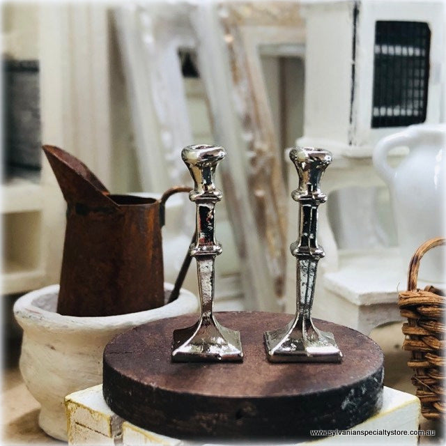 Dollhouse Miniature Square Candlesticks silver tall