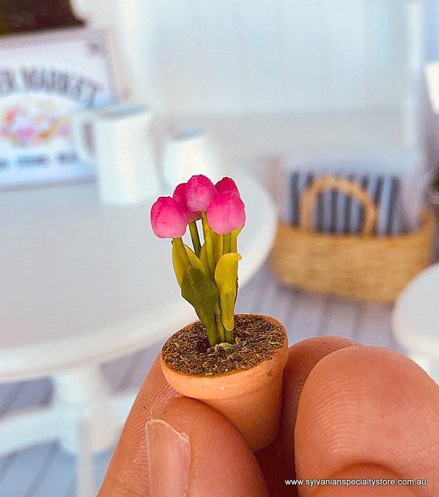 Dollhouse miniature flowers deep pink tulip