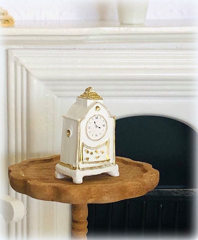 Dollhouse miniature white mantle clock