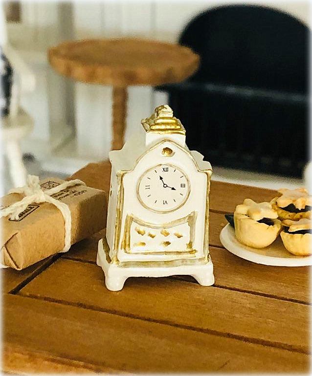 Dollhouse miniature white mantle clock