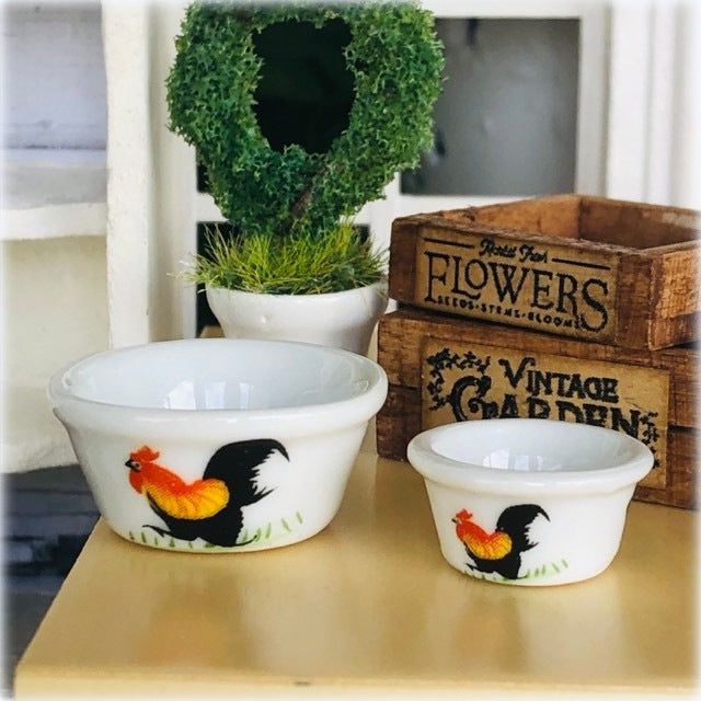 Dollhouse crockery kitchen bowls farm rooster