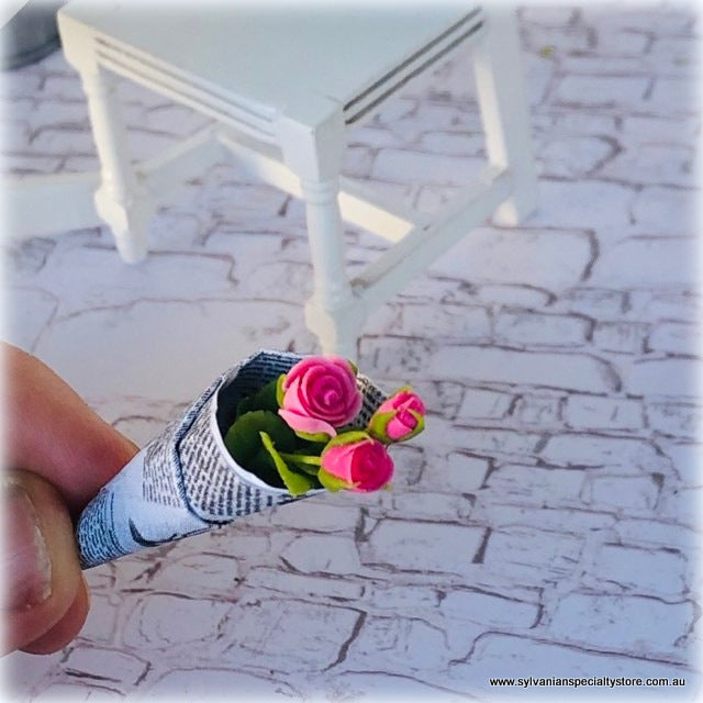 Dollhouse miniature pink bouquet roses florist wrapped in newspaper