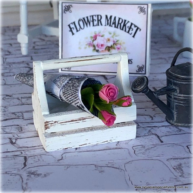 Dollhouse miniature pink bouquet roses florist wrapped in newspaper