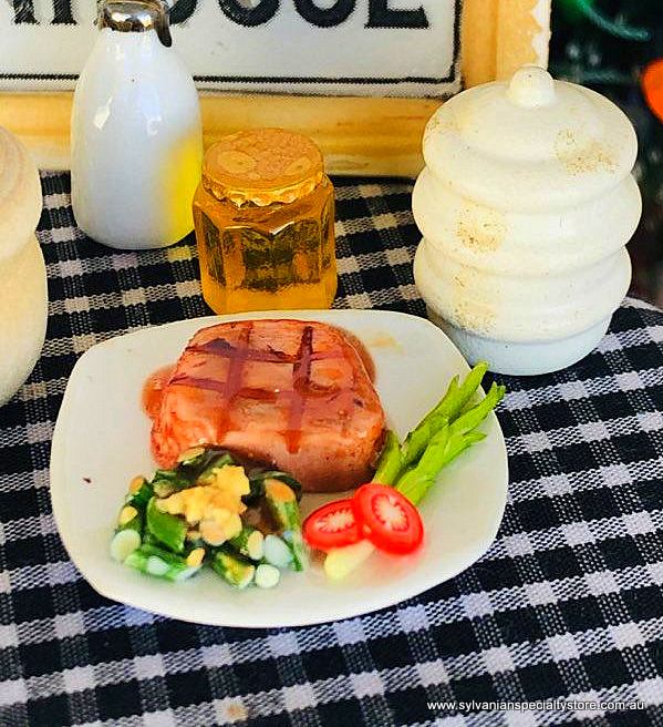 Dollhouse miniature steak and vegetable meal
