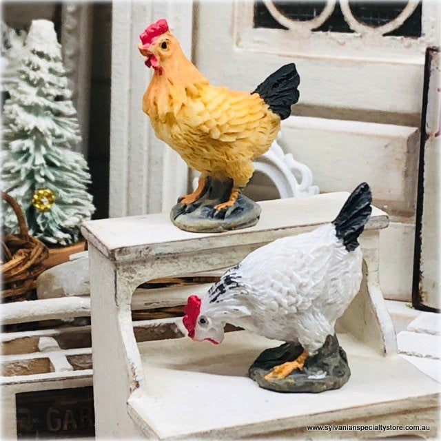 Dollhouse miniature hens white yellow