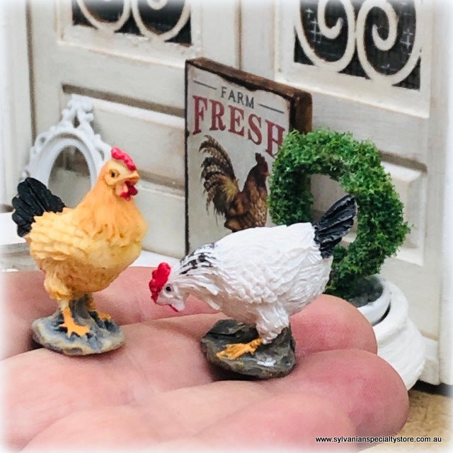 Dollhouse miniature hens white yellow