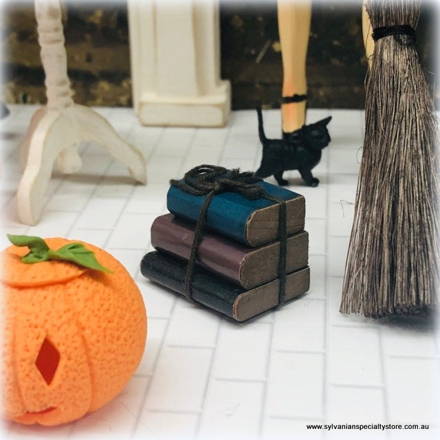 Dollhouse Halloween old books pile antique