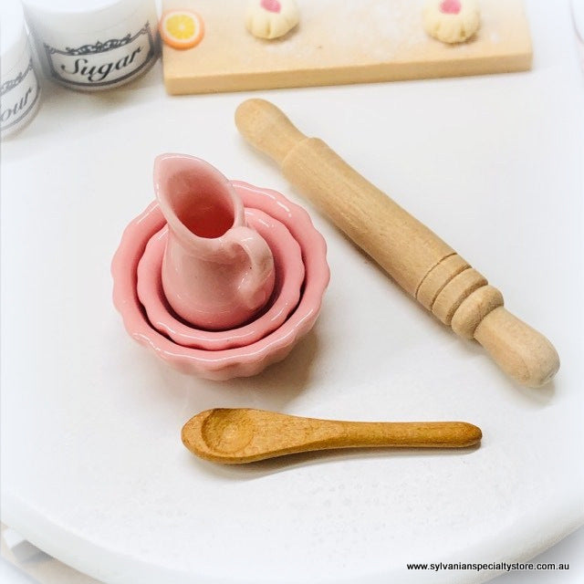 Baking Set: Bowls, Jug, Rolling Pin and Wooden Spoon - Pink