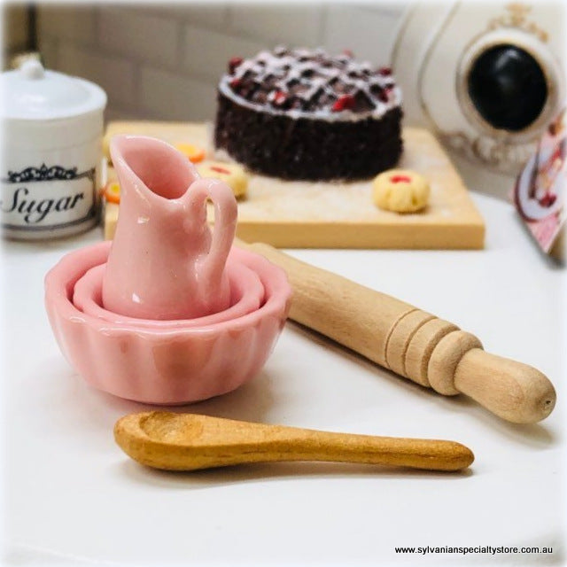 Baking Set: Bowls, Jug, Rolling Pin and Wooden Spoon - Pink