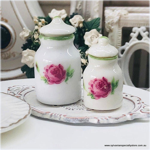 Dollhouse miniature ceramic canisters pink rose