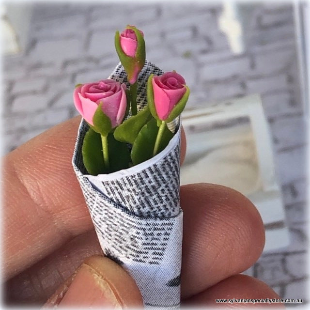 Dollhouse miniature pink bouquet roses florist wrapped in newspaper