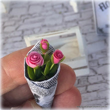 Dollhouse miniature pink bouquet roses florist wrapped in newspaper