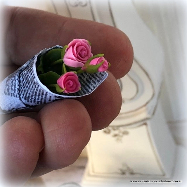 Dollhouse miniature pink bouquet roses florist wrapped in newspaper