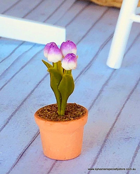 Dollhouse miniature tulip flower in pot purple