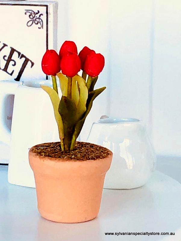 Dollhouse miniature red tulip flower in pot