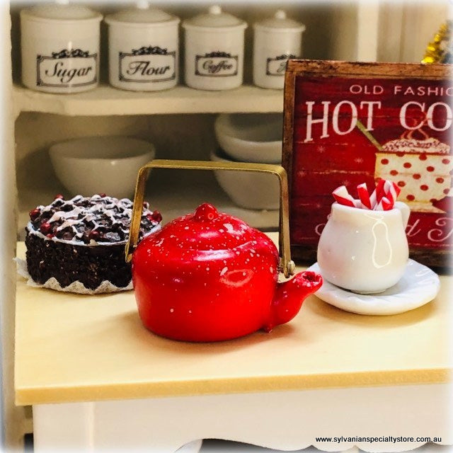 Dollhouse miniature red kettle tea pot Christmas