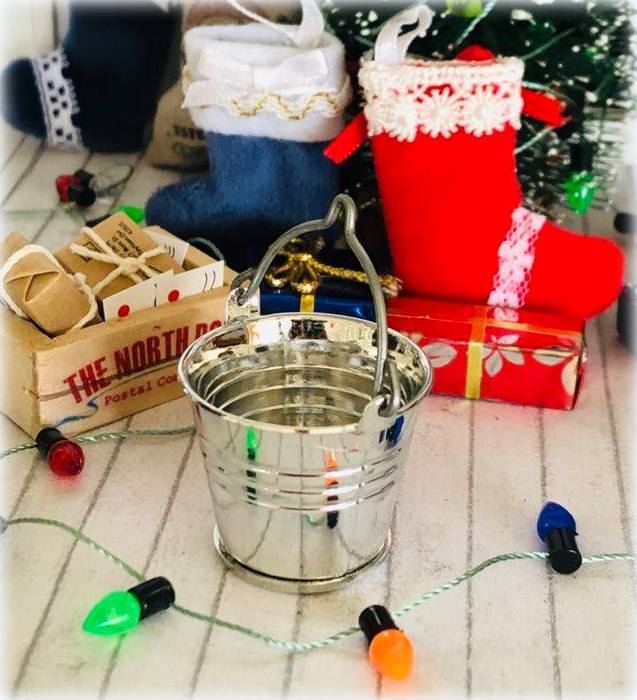 Dollhouse miniature shiny metal bucket Christmas