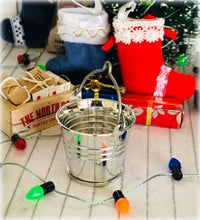 Dollhouse miniature shiny metal bucket Christmas