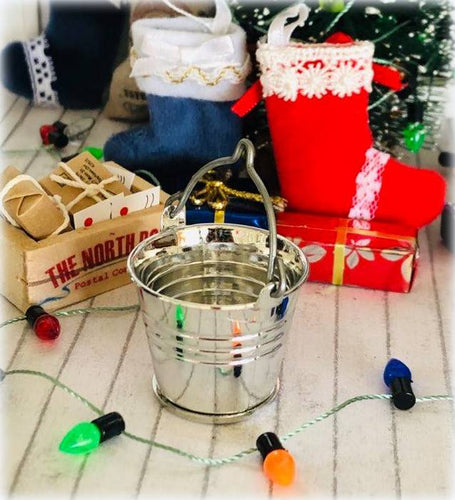 Dollhouse miniature shiny metal bucket Christmas