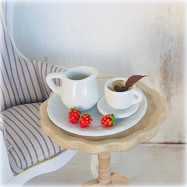 Dollhouse miniature white plate coffee and strawberries