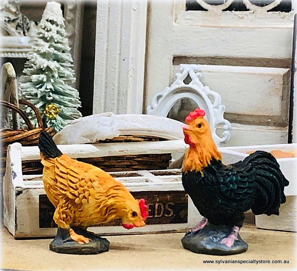 Dollhouse Rooster and Hen miniature figurines