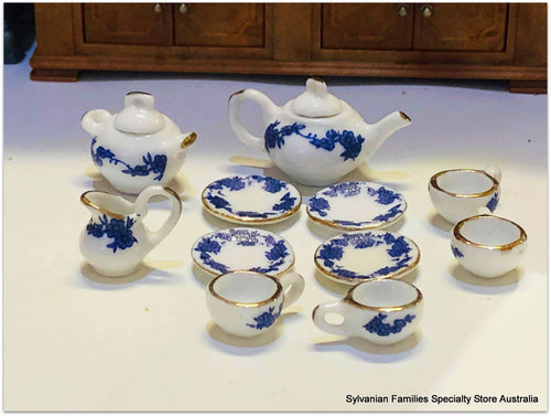 Dollhouse miniature blue china tea set gold trim