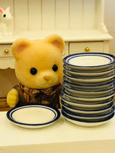 Sylvanian Families bear with blue round miniature dinner ceramic crockery