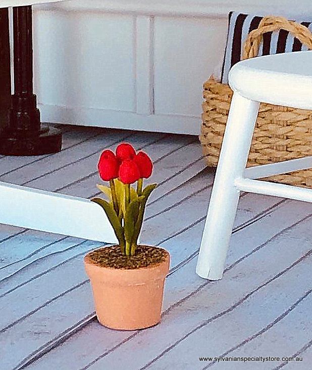 Dollhouse miniature red tulip flower in pot