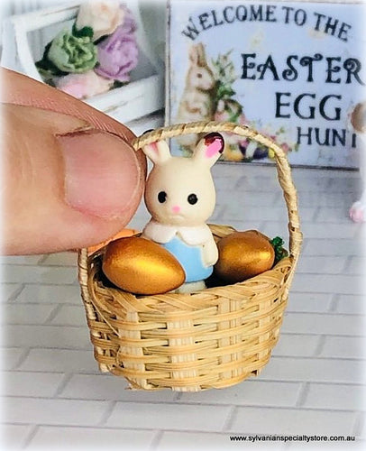 Sylvanian Minifigure Rabbit with Basket and Golden Eggs - Miniature