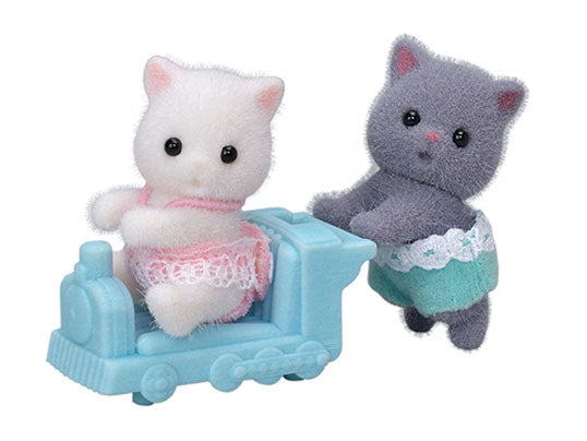 Sylvanian Families Gray and White Persian Cat Twins with Train