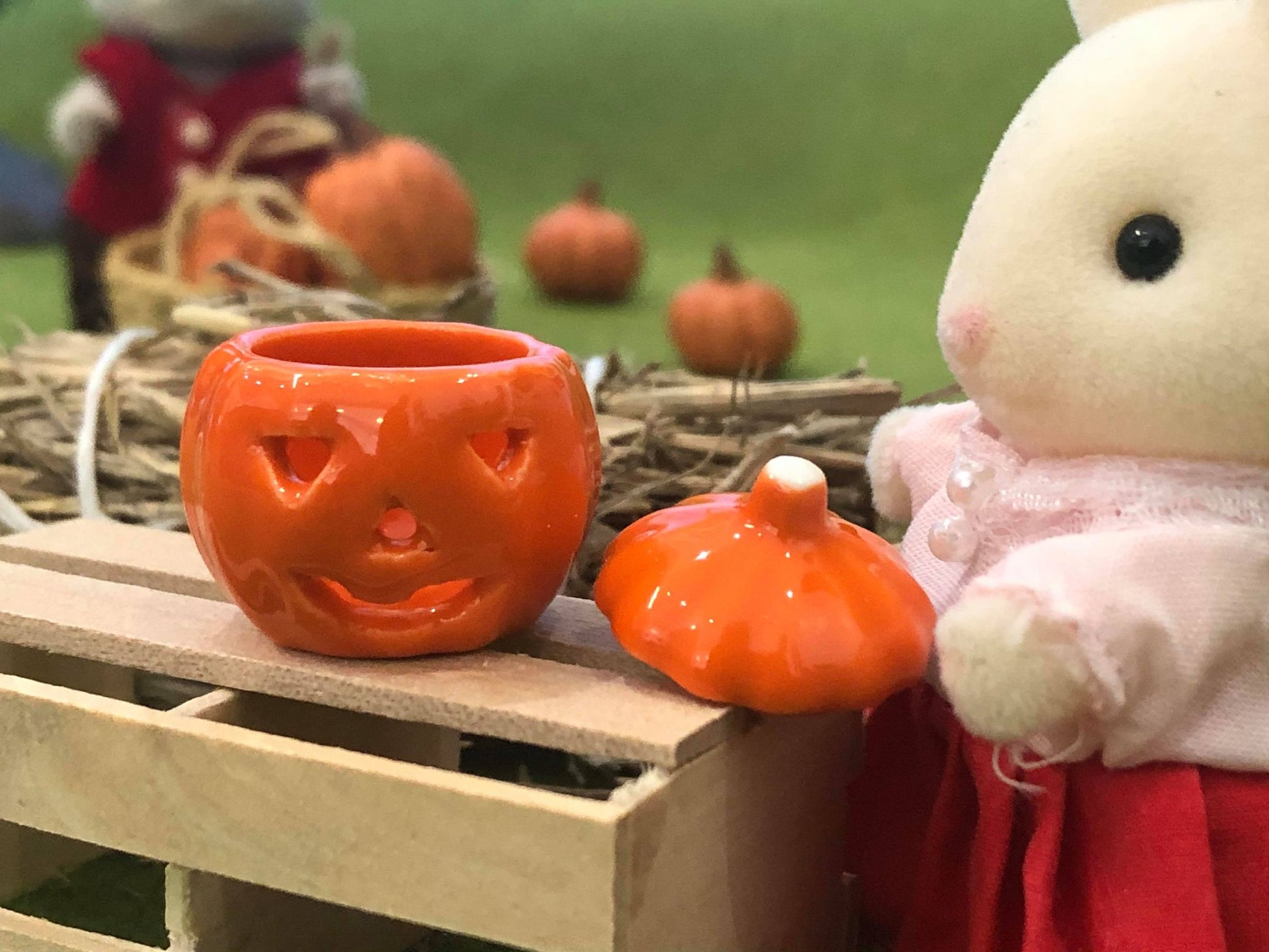 Sylvanian Families rabbit with Halloween cookie jar