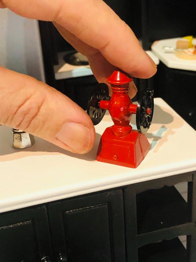Dollhouse miniature red coffee grinder 