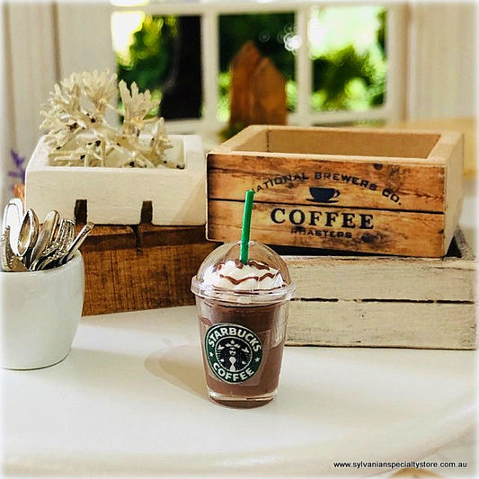 Dollhouse miniature iced coffee in takeaway cup